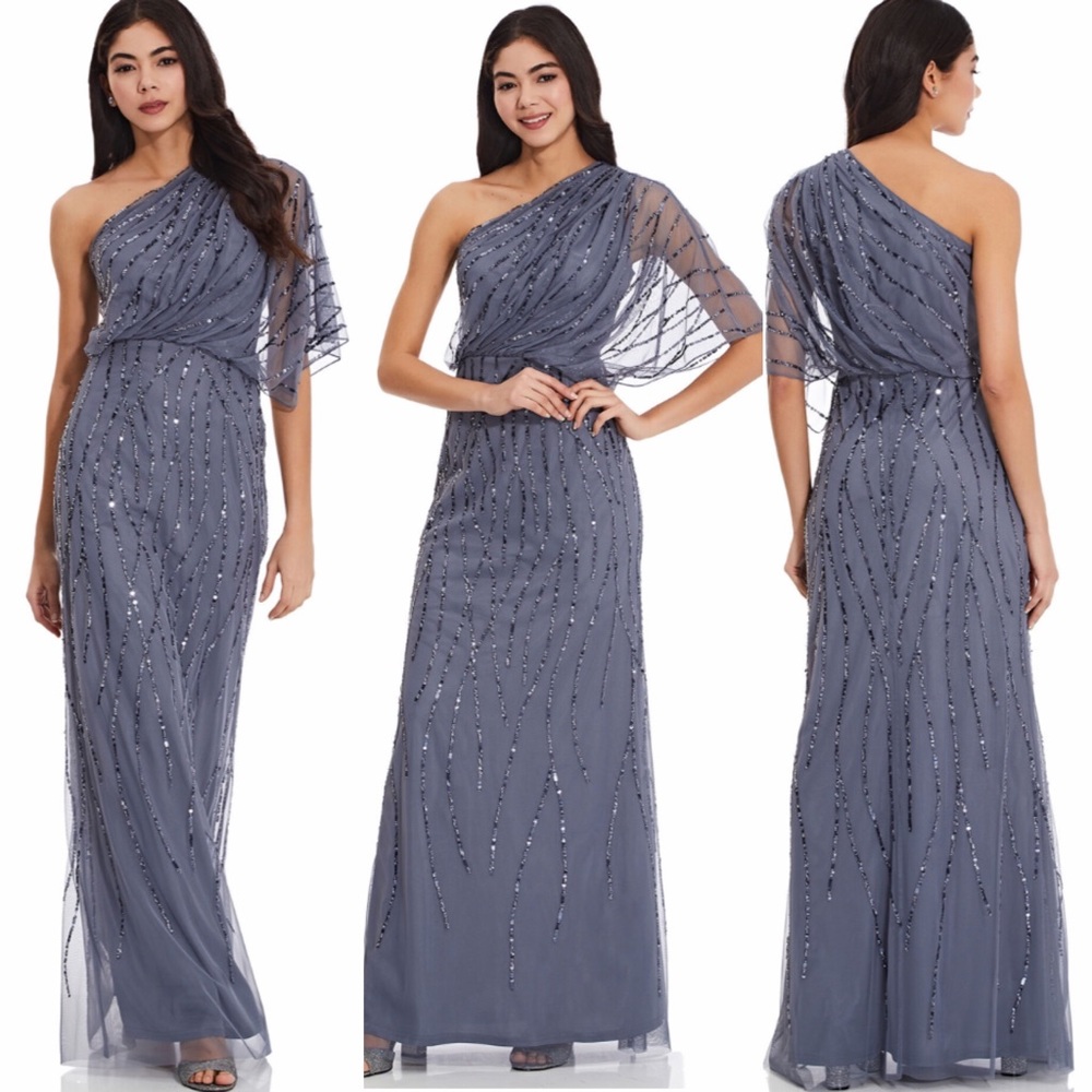 Aidan Mattox one shoulder drape beaded dress